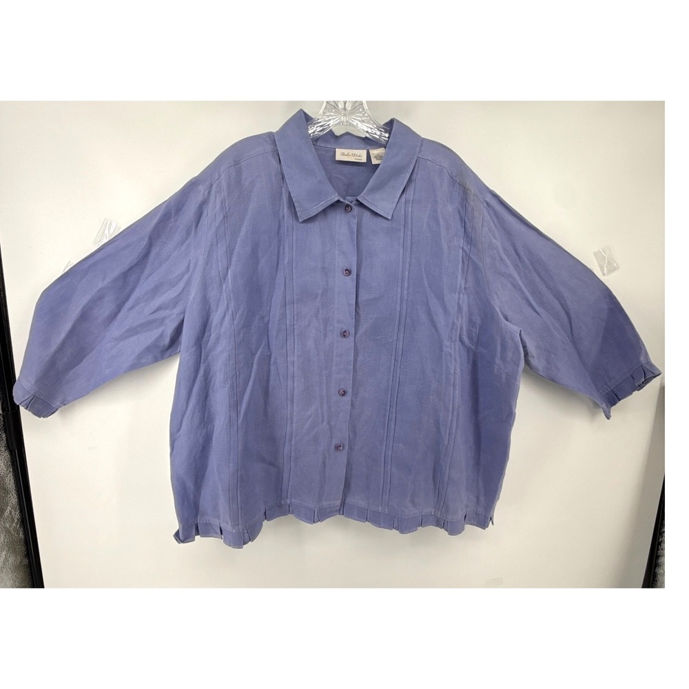 Studio Works Woman Linen Shirt 3X Periwinkle Blue Pintuck Ruffle Hem Top